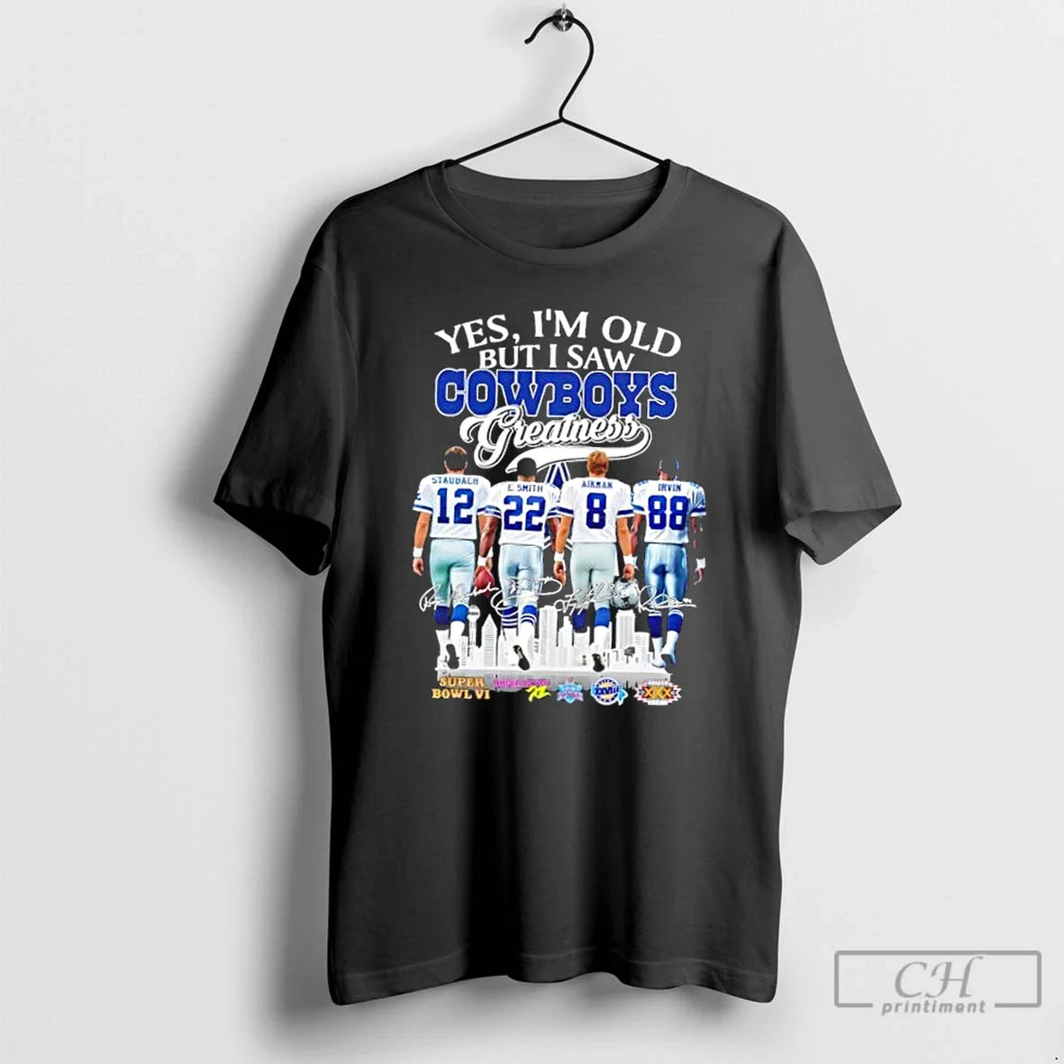 Premium Greatness Dallas Cowboys Legends Staubach Smith Aikman Irvin Skyline T Shirts