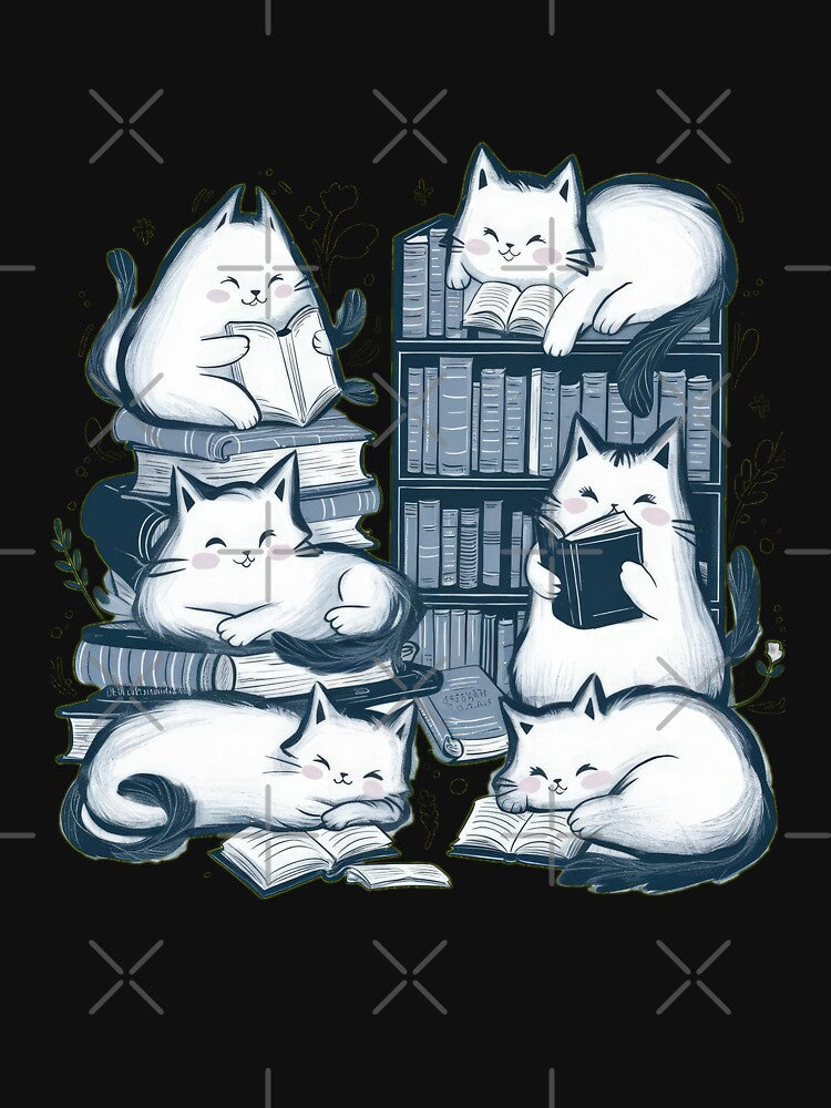 cute funny white cat pattern cheerful cats in the library cabinet with books they read,aesthetic cat art,funny cat,Cat Lover,cute cat,cat pattern by Expressions-Sel