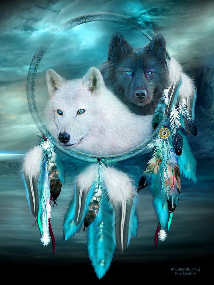 Dream Catcher White Wolf Black Wolf by Carol Cavalaris