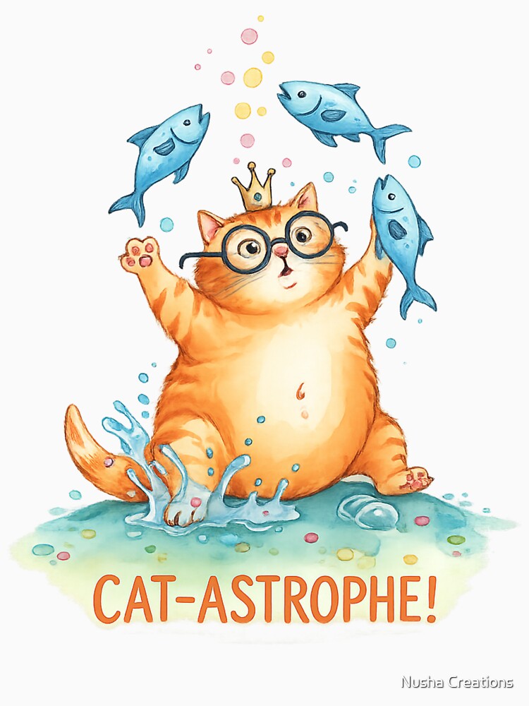 Cat-Astrophe Funny Cat with Fish – Cute Watercolor Cat Illustration by Nusha Creations