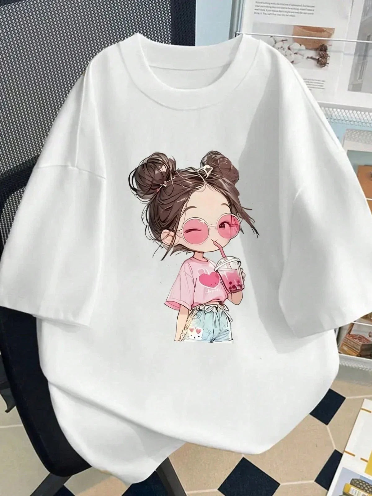 Cute Cartoon Girl T-Shirt Kawaii Graphic Tee Oversize Casual