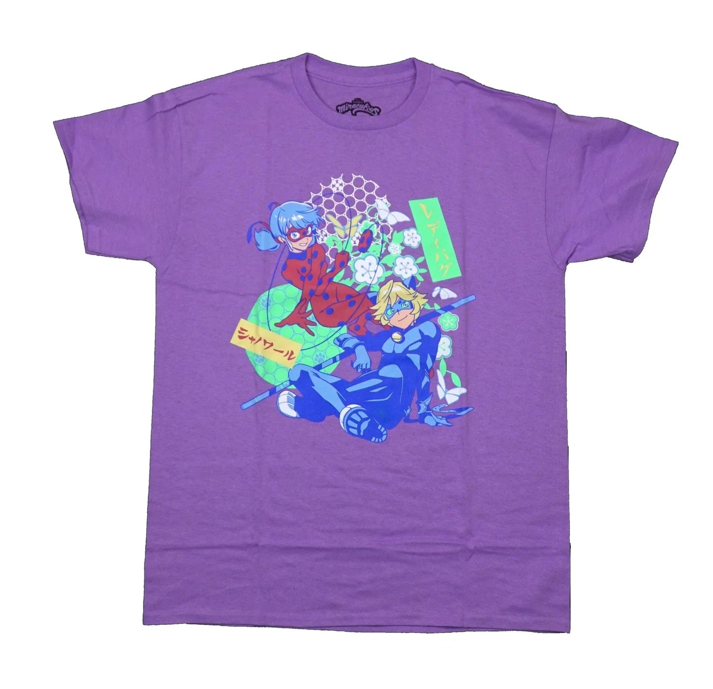 Miraculous New Adult T-Shirt - Lady Bug & Cat Noir Posing Flowers Butterflies