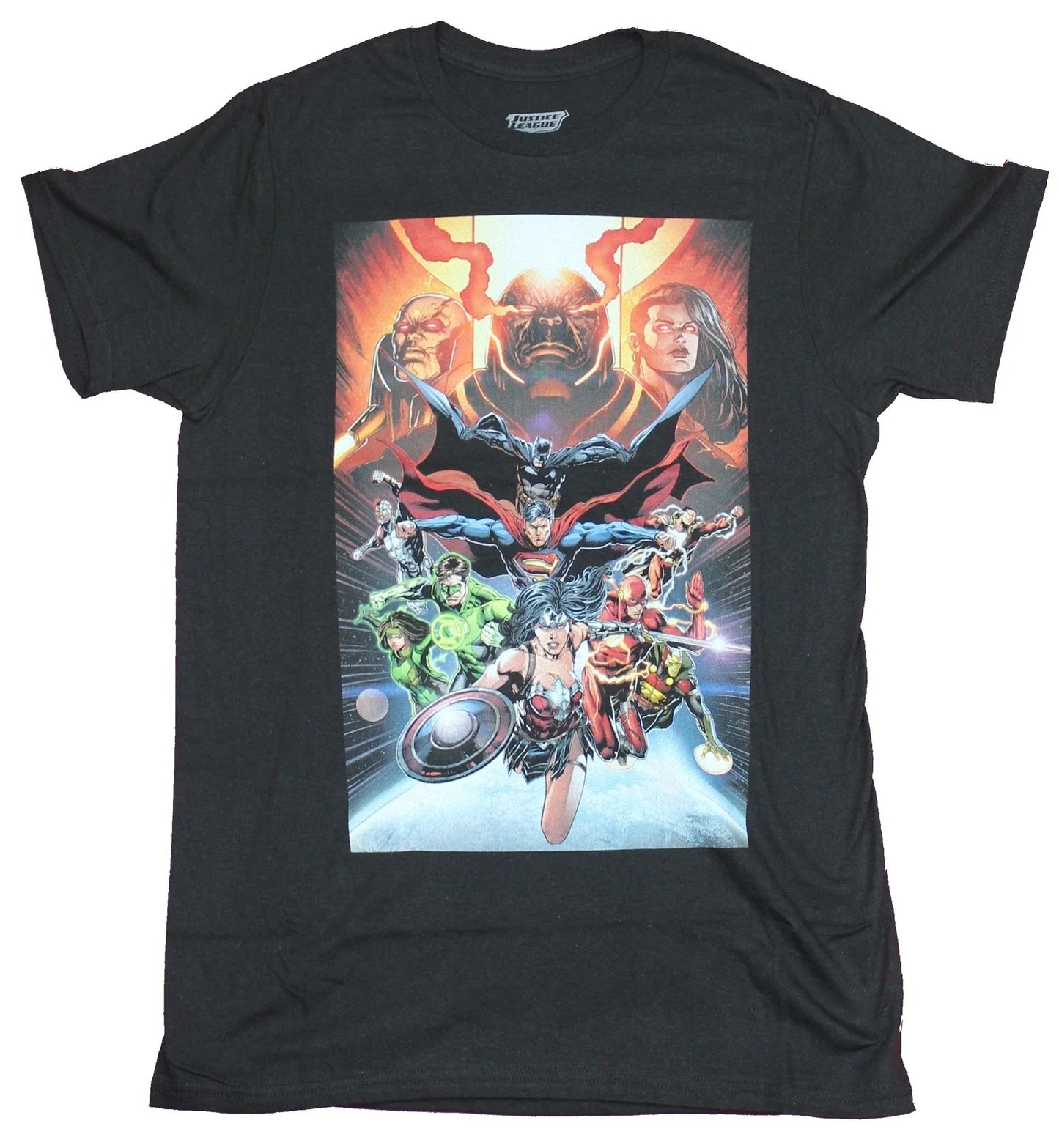 Justice League Mens T-Shirt - Full Team Under The Eyes of Darkseid