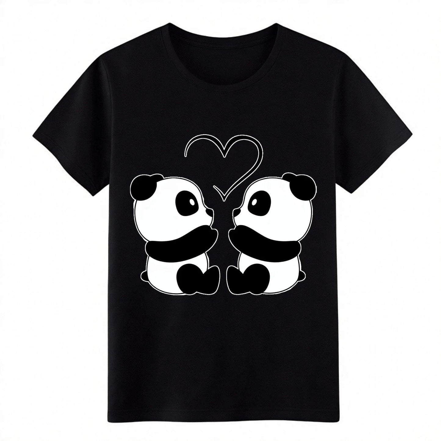 Cute Panda Couple Love Heart Animal Print Cotton T-Shirt
