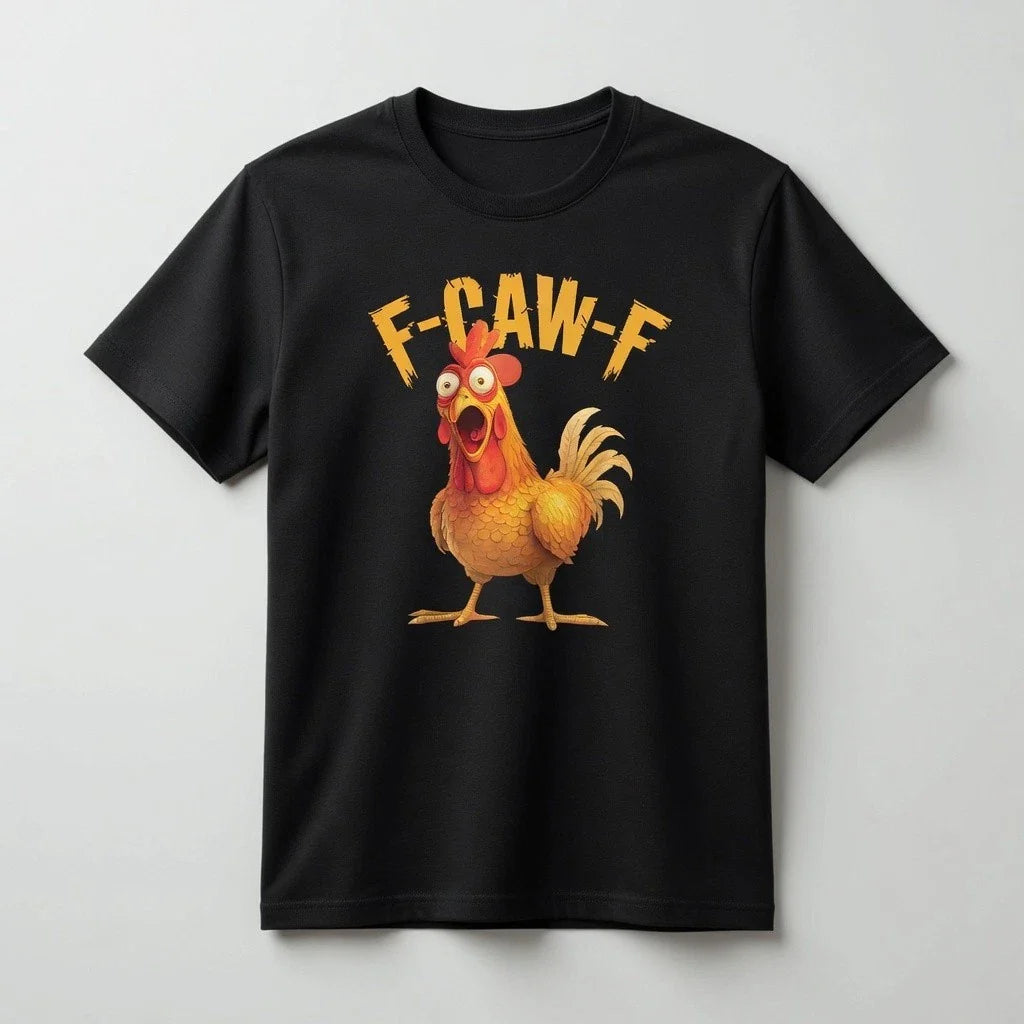 Funny Sarcastic Rooster T-Shirt - "F-CAW-F"Distressed Graphic Tee -lack & White