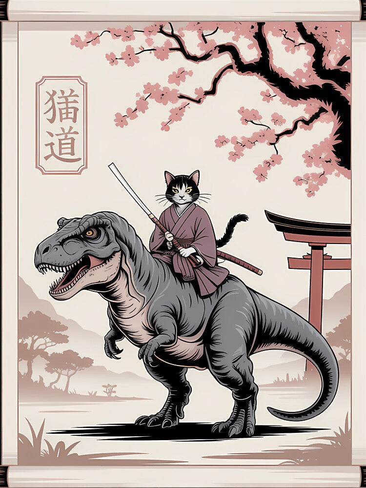 Funny Kawaii Cat Riding Dinosaur Japanese by lilensgavadur