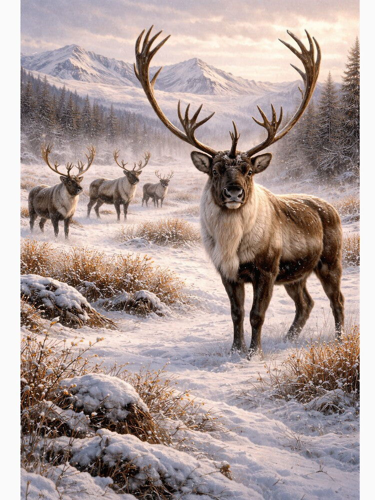 Majestic Caribou in Winter Wilderness – Northern Wildlife Landscape by VandVArt
