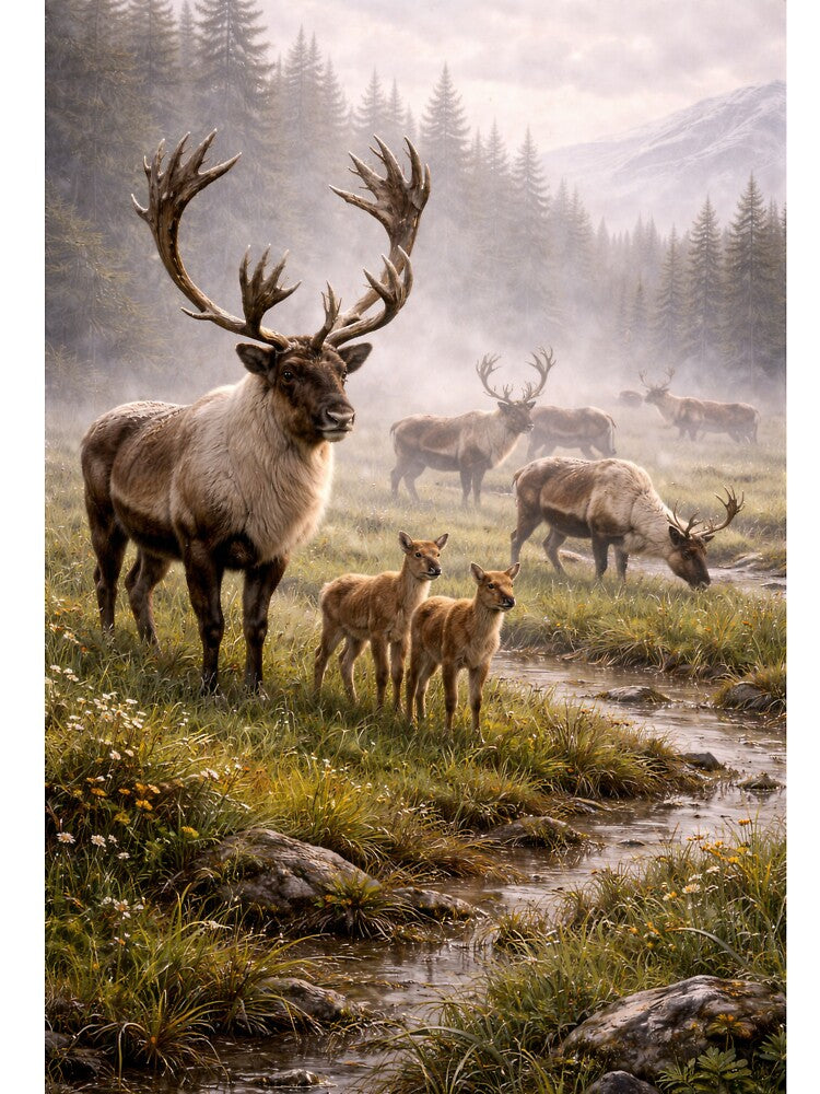 Caribou Herd with Calves – Northern Wilderness Wildlife Scene by VandVArt
