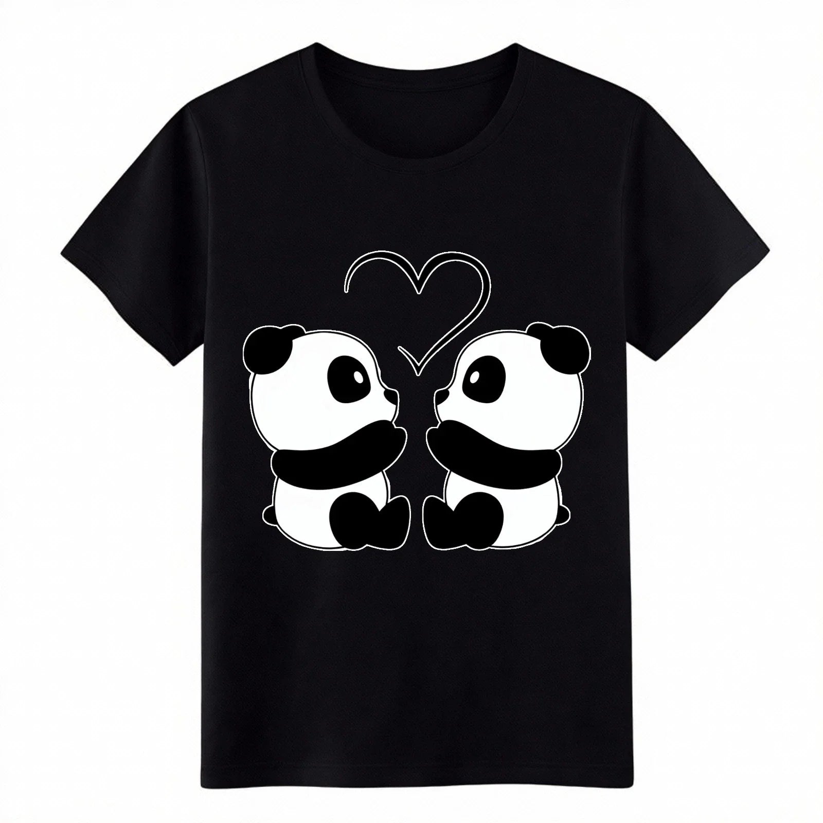 Cute Panda Couple Love Heart Animal Print Cotton T-Shirt