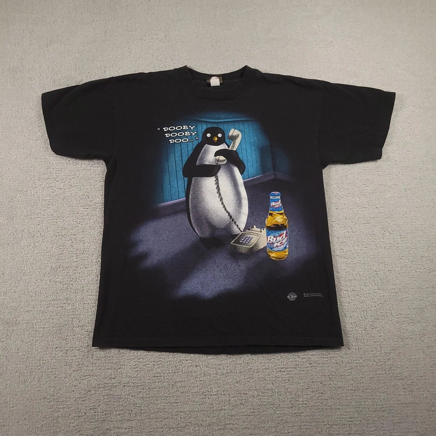 VINTAGE Bud Ice Penguin Shirt Mens Large Black Dooby Dooby Doo Beer 90s USA