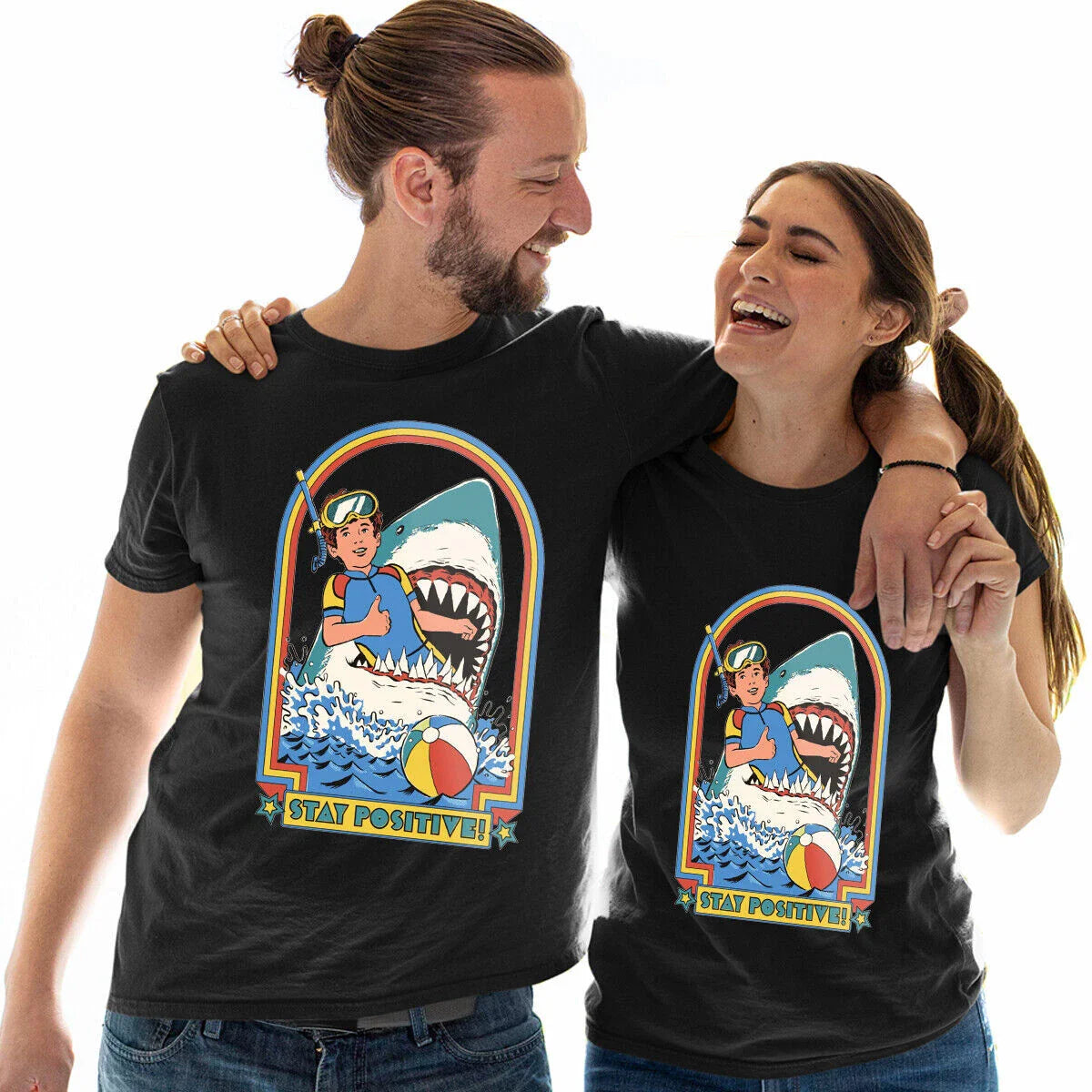 Stay Positive Shark Attack Ocean Funny Birthday Gift Unisex T Shirt Top #E