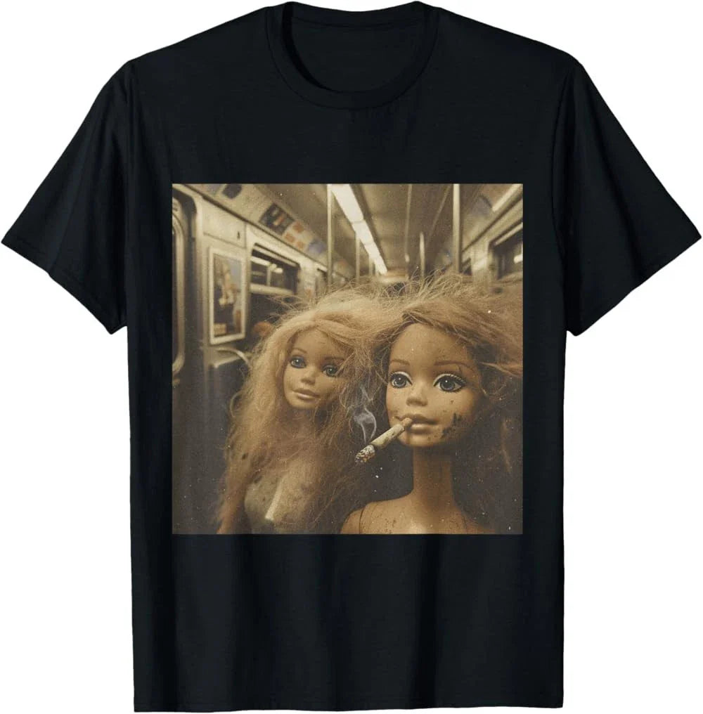 Distressed Doll Smoking Funny Doll Face Meme T-Shirt