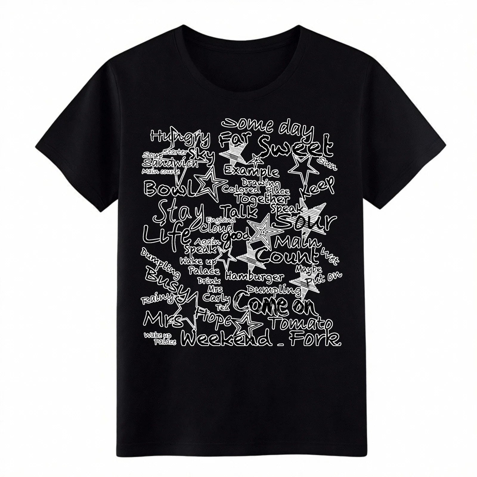 Hand Drawn Word Collage T-Shirt Casual Life Quote Graphic Tee for Everyday Wear
