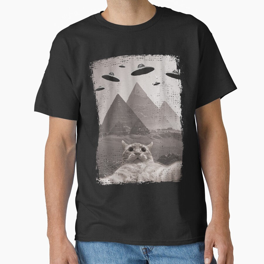 Cat Selfie at the Pyramids - Funny Vintage UFO Encounter - Ancient Aliens Cat Meme by Bongocomic