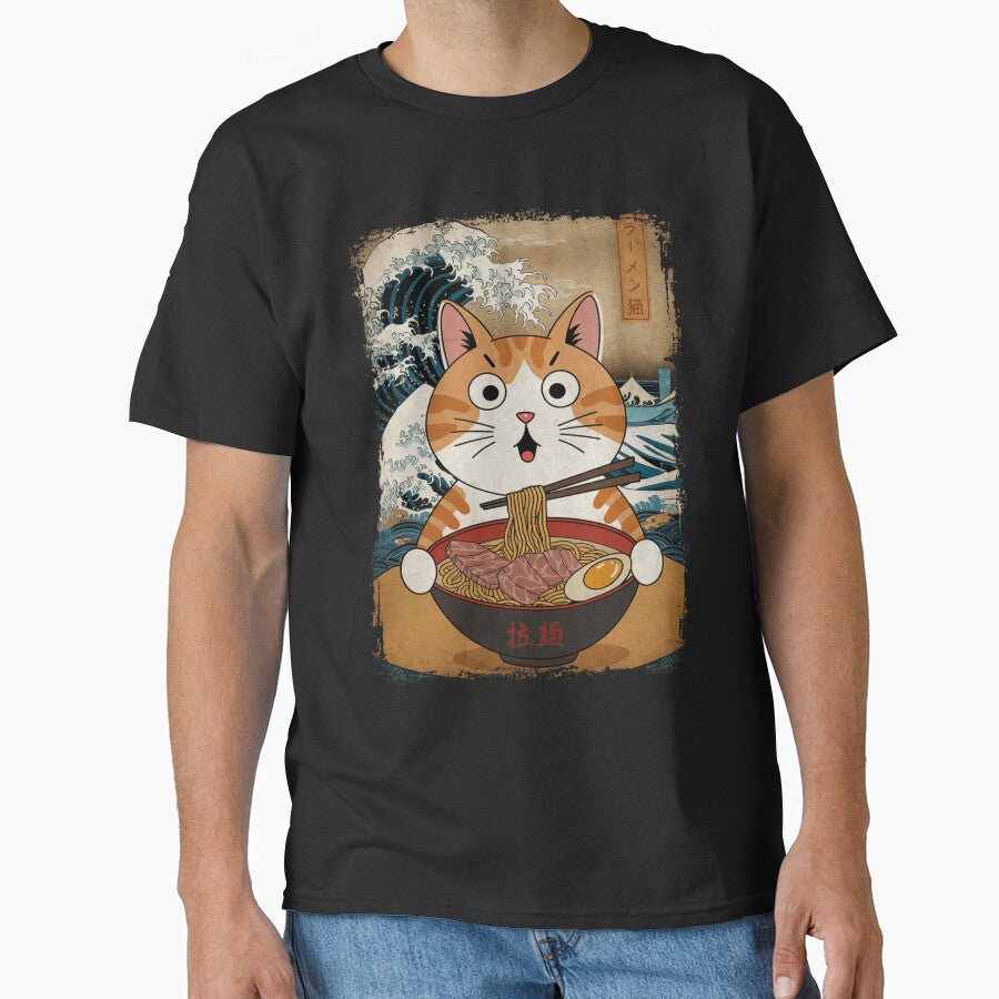 Ramen Cat Ukiyo-e Graphic Art Japanese Tees Kawaii Cat Anime Gifts by Damcoc