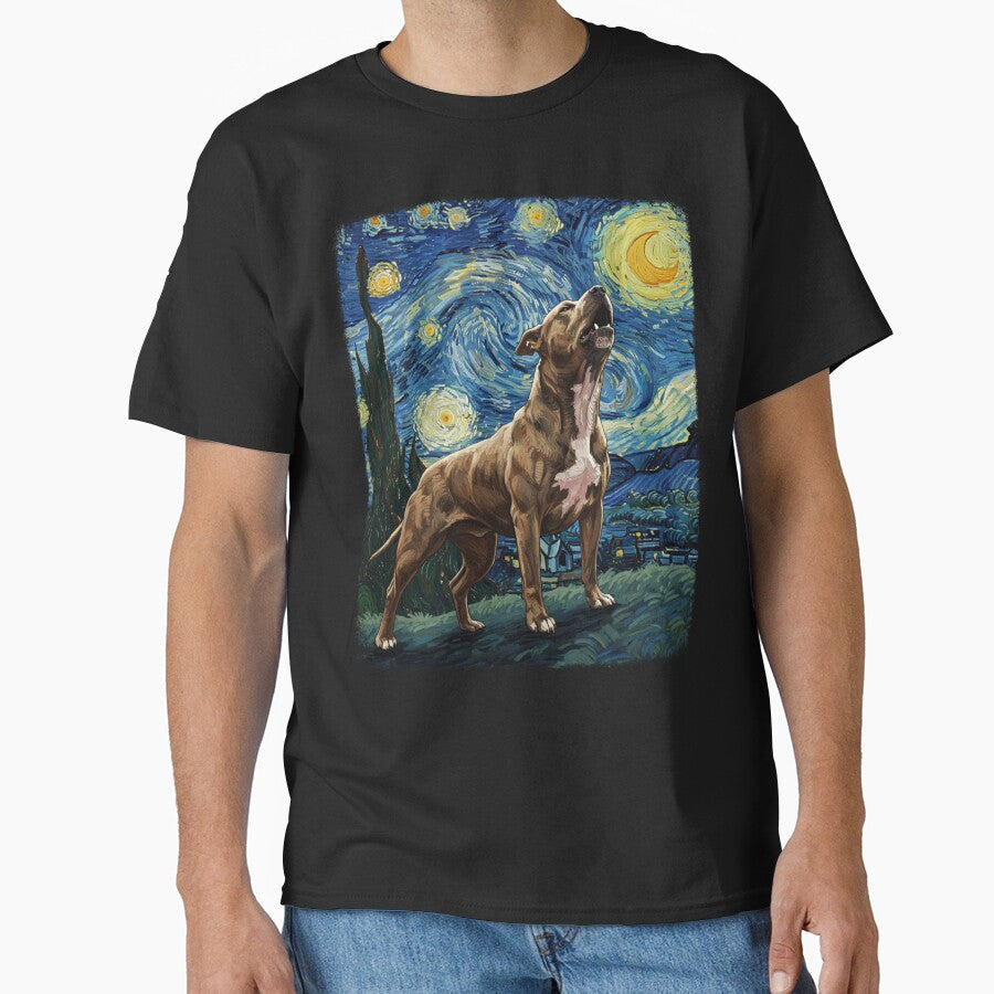 Pitbull Staffordshire Terrier Howling At Moon Starry Night Van Gogh Funny by d247