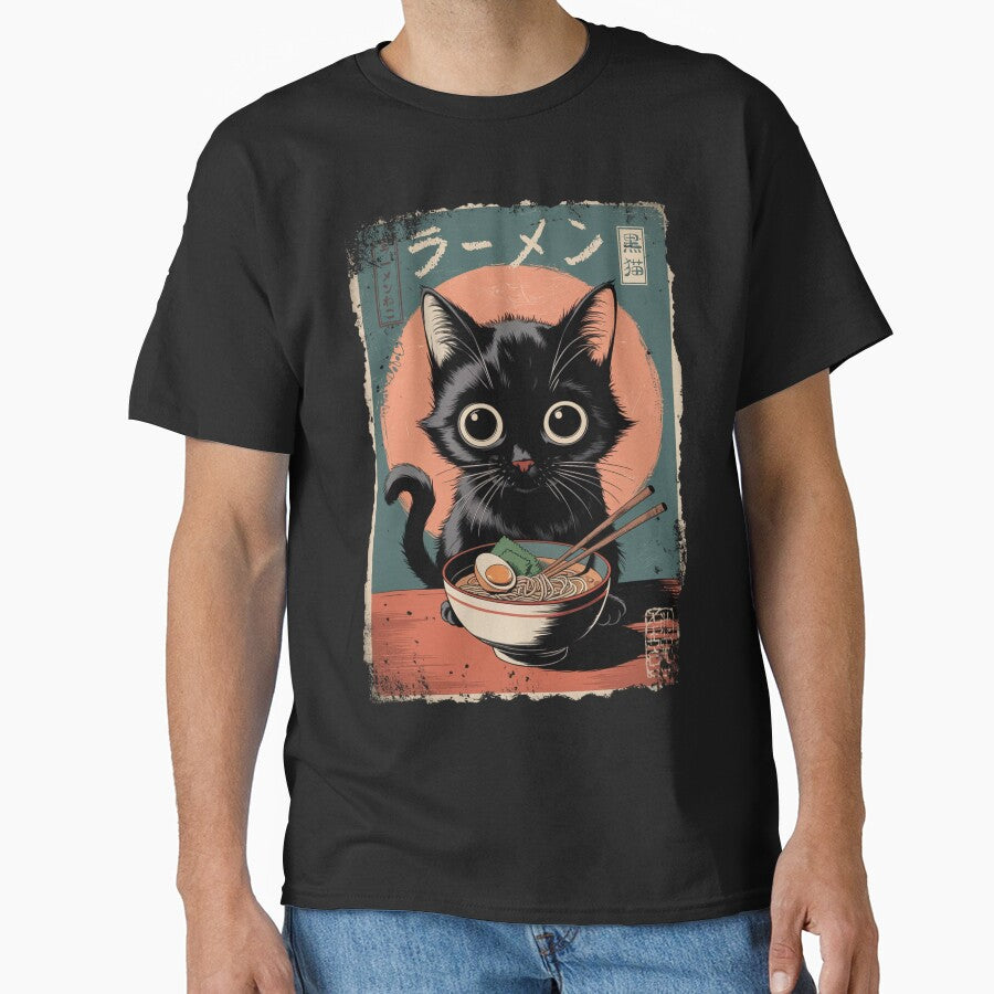 Kawaii Black Cat with Ramen - Ramen Cat Cute Vintage Style - Kawaii Anime Inspired by Damcoc