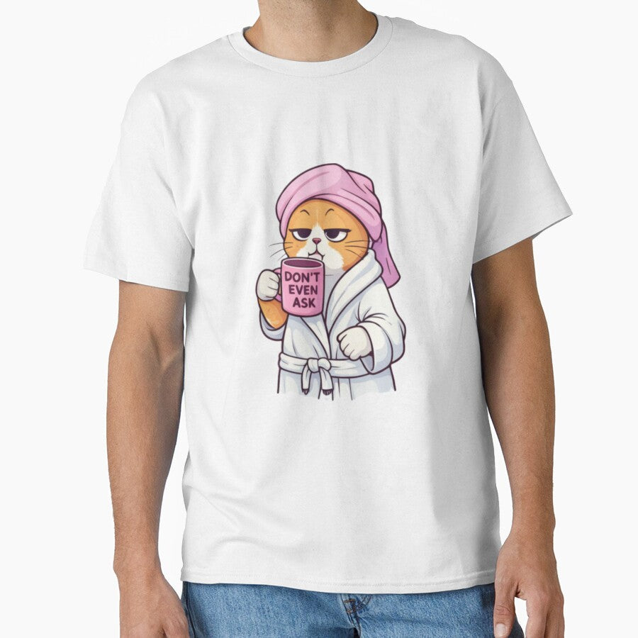 Funny Cat in Bathrobe Holding Coffee – Chill Lazy Cat Illustration by grcvxkgxx