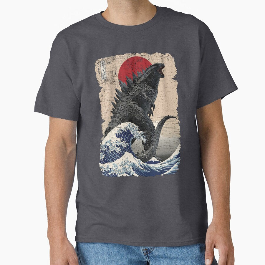 Godzilla Surfing The Great Wave by Hokusai Funny Parody by Robert Diebold