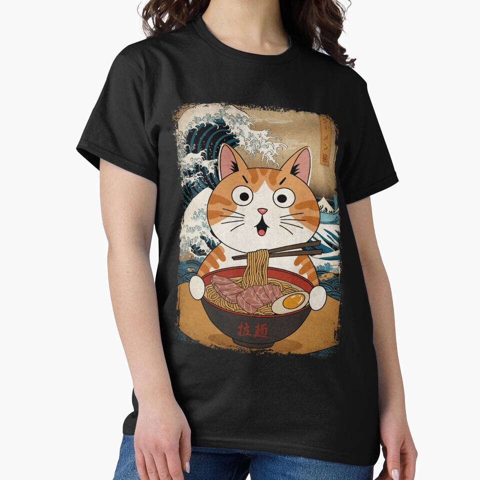 Ramen Cat Ukiyo-e Graphic Art Japanese Tees Kawaii Cat Anime Gifts by Damcoc