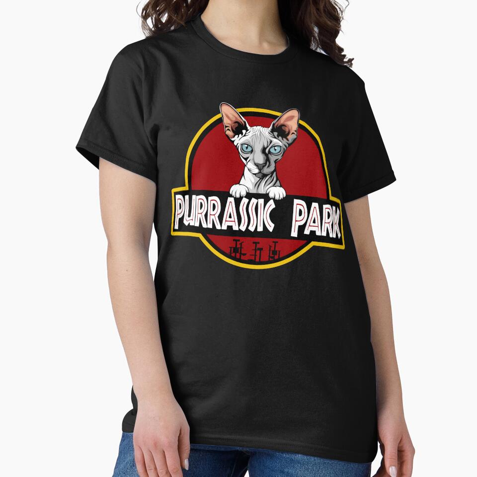 Funny White Sphynx Cat Purrassic Park by Funny Shirts Matter