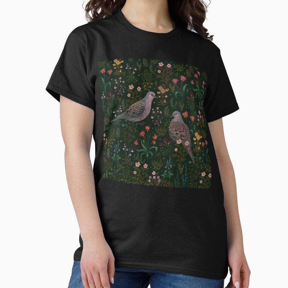 Magical Mourning Doves in flower garden by episodicDrawing