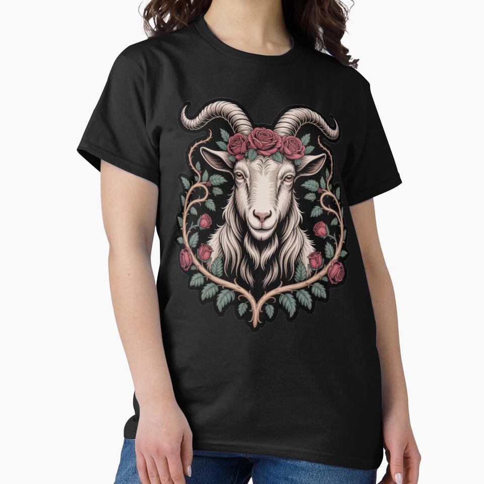 Floral Goat with Rose Crown – Mystical Boho Farm Animal Illustration by PosiMCreations