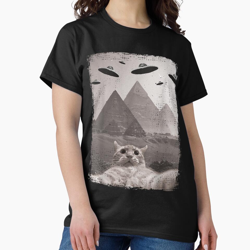 Cat Selfie at the Pyramids - Funny Vintage UFO Encounter - Ancient Aliens Cat Meme by Bongocomic