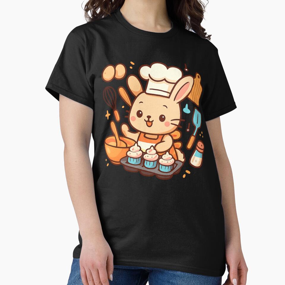 Kawaii Rabbit Chef Baking Cupcakes - Cute Kitchen Illustration by MKreative Studio