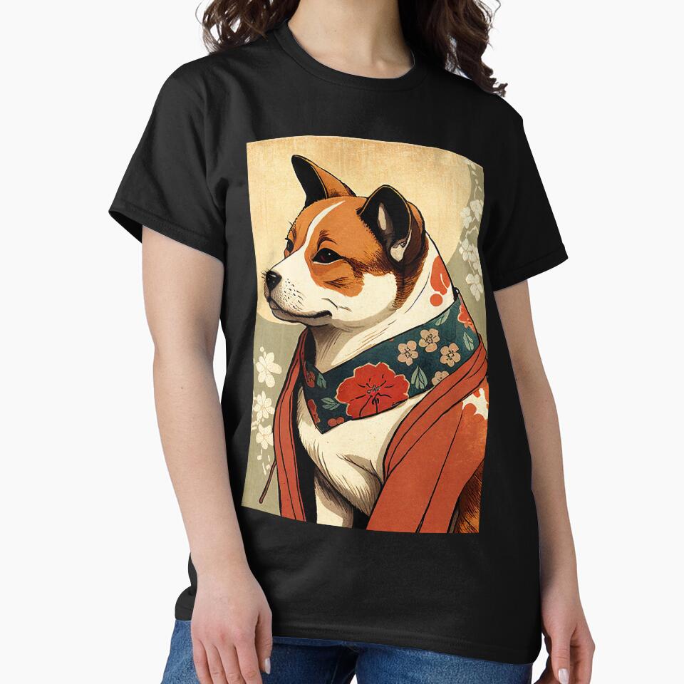 Brown and White dog with red robe - Japanese style by KoolArtDistrict