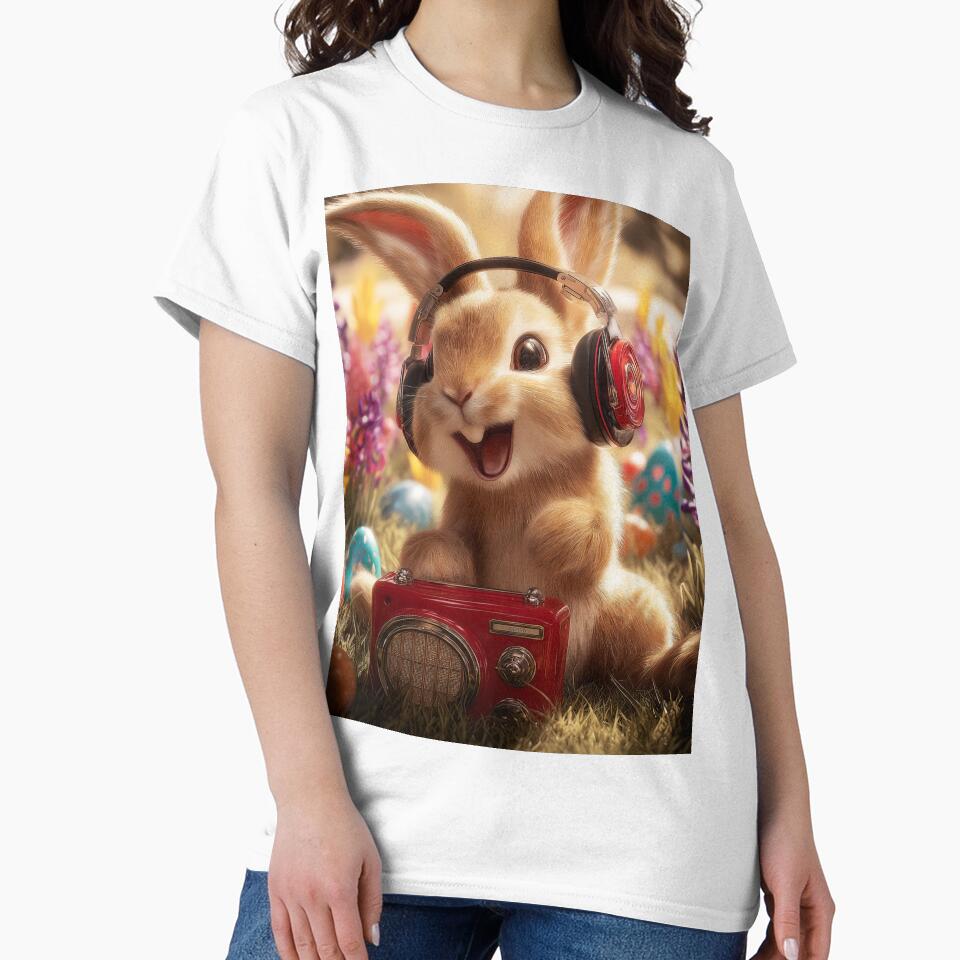 Cartoon rabbit wearing headphones enjoys music beside colorful Easter eggs in garden setting by Stellar Geometry