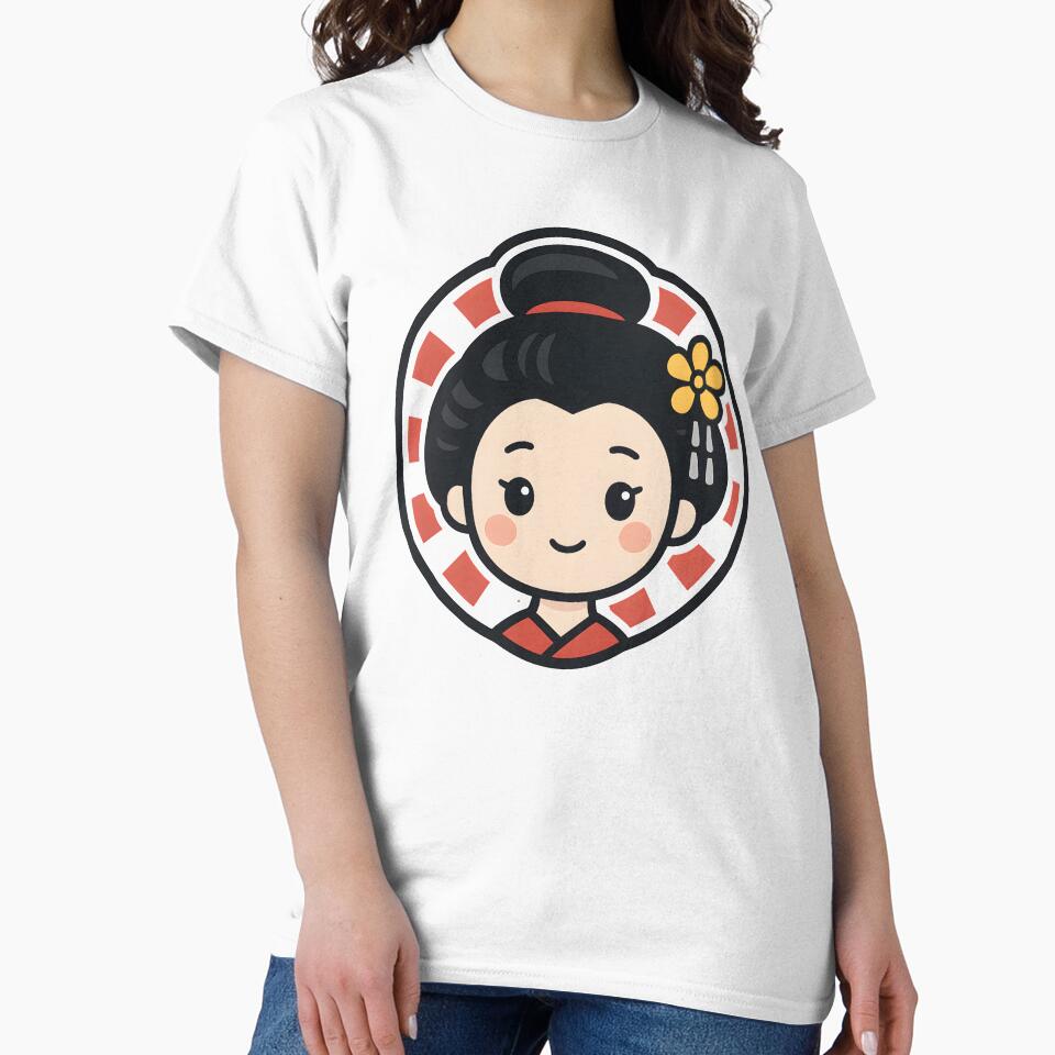 Kawaii Geisha with Yellow Flower and Red Sun | Japanese Art Illustration by OsasChild