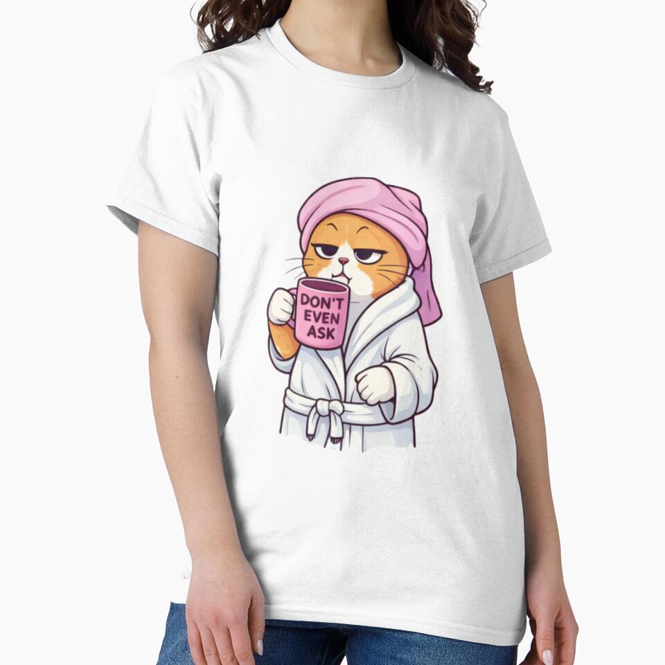 Funny Cat in Bathrobe Holding Coffee – Chill Lazy Cat Illustration by grcvxkgxx