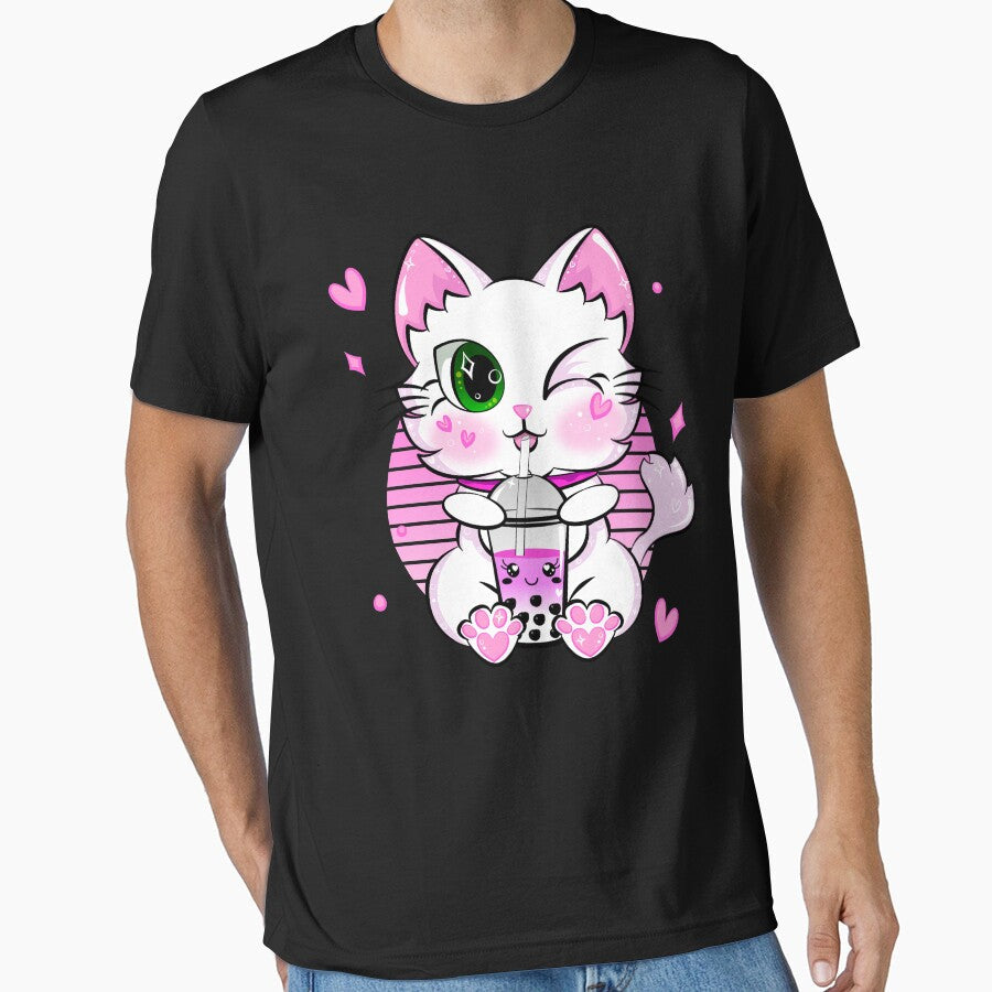 Japanese Kawaii Kitten Neko Cat Anime Pink Drinking Boba Tea by ZNOVANNA