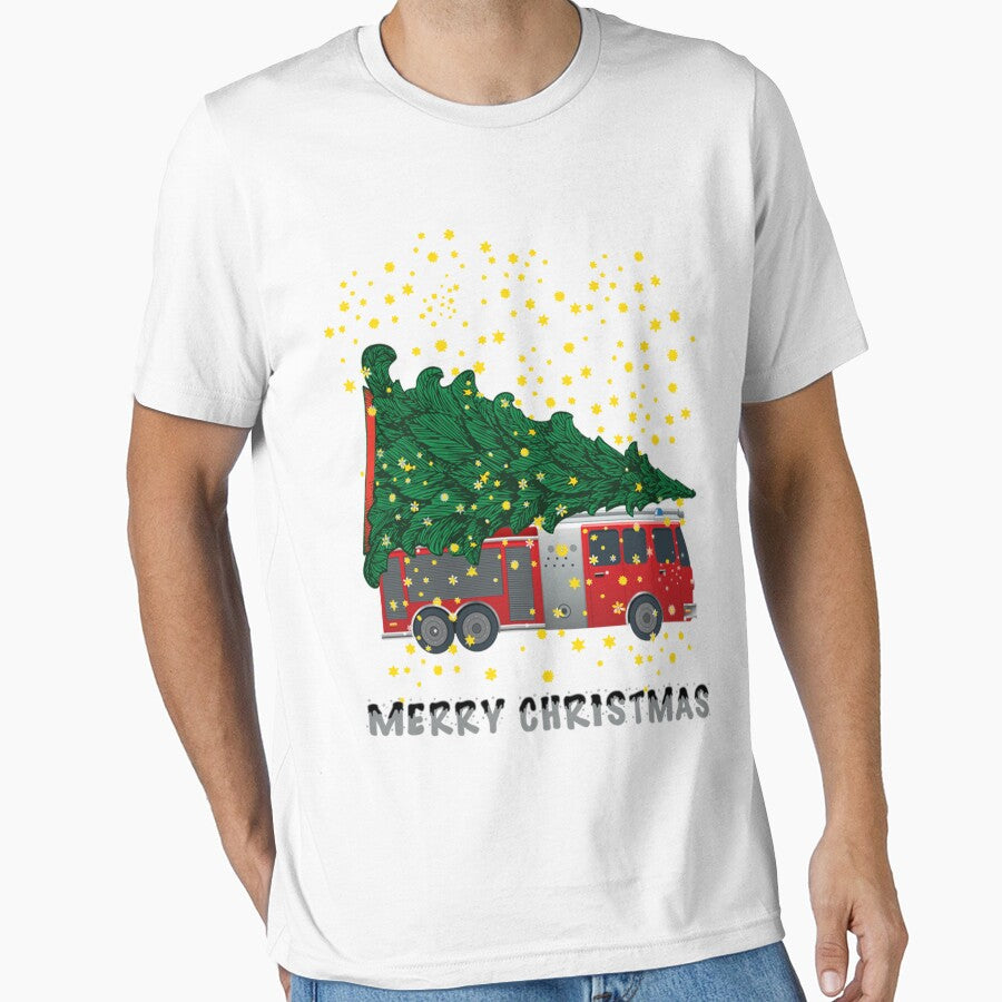 Merry Christmas Tree Fire Truck Holiday Shirt for Christmas by q4success