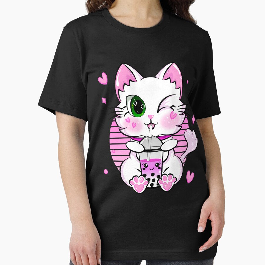 Japanese Kawaii Kitten Neko Cat Anime Pink Drinking Boba Tea by ZNOVANNA