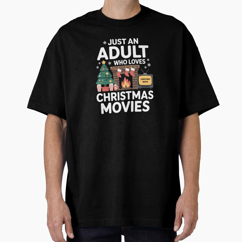 Just an Adult Who Loves Christmas Movies - Cozy Holiday Design with Fireplace, Christmas Tree, Popcorn by smilesupplyco.