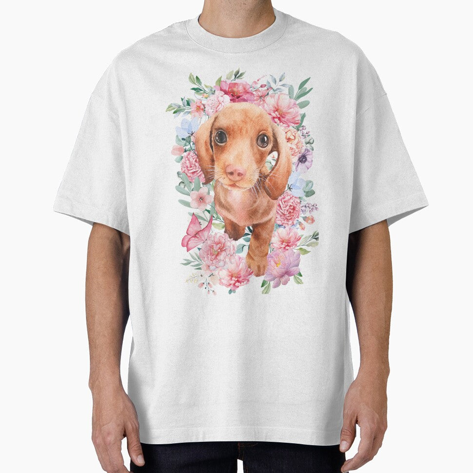 Puppy with flowers by Emilyprintart