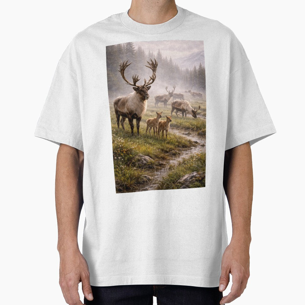 Caribou Herd with Calves – Northern Wilderness Wildlife Scene by VandVArt