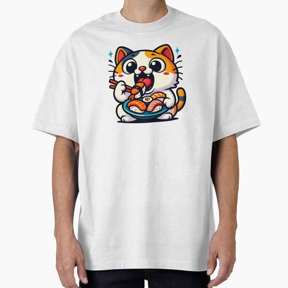 Funny ginger cat eating sushi by Boardgameo