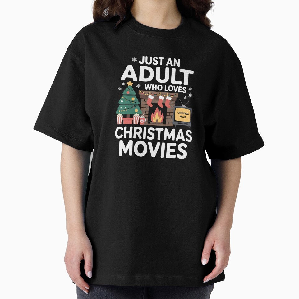 Just an Adult Who Loves Christmas Movies - Cozy Holiday Design with Fireplace, Christmas Tree, Popcorn by smilesupplyco.
