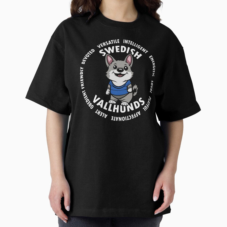 Swedish Vallhund characteristics fun cartoon; White font by DaisyDogDesign